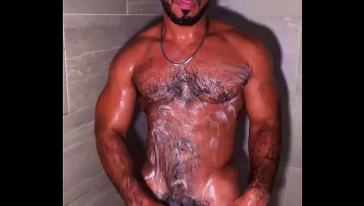 Muscular Latino Jerks Off Under the Shower, Flowsweat Dripping Over Huge Uncut Dick –