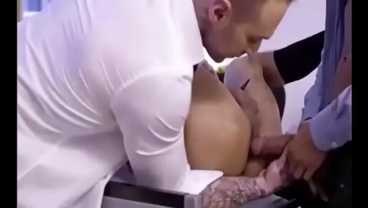 Steamy Gay Threesome: Hard Doggystyle Action in the Office – 18+