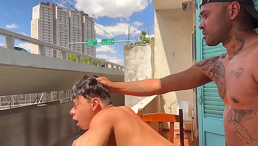 Hard Fucking on the balcony as strangers pass by - Hot Gay Moment 18+