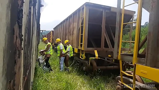The workers worked hard today. They invited their friend for an orgy at lunchtime, and