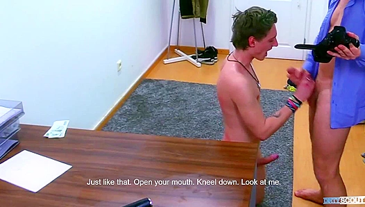 Pink-haired twink gets rough bareback ride from rugged scout — sweaty anal action